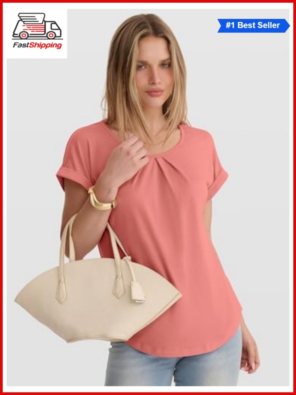 Women's Short Sleeve Pleated Scoop Neck T-Shirt Casual Top - Picture 3 of 6
